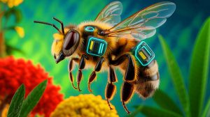 Illustration de la transformation d'abeilles en cyborgs contrôlés par un dispositif cérébral ultraléger, générée par intelligence artificielle.