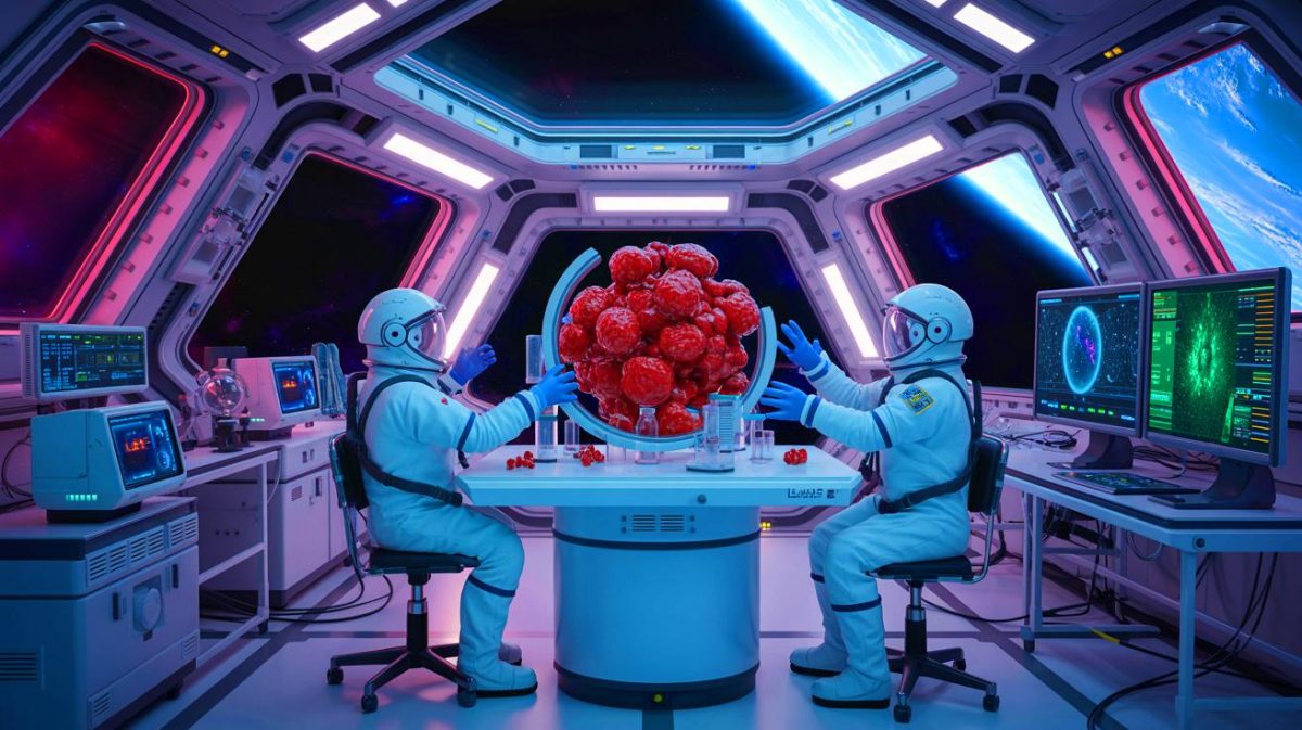 Illustration de l'exploitation de la microgravité pour la recherche sur le cancer, générée par intelligence artificielle.