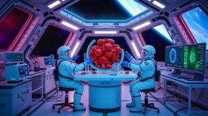 Illustration de l'exploitation de la microgravité pour la recherche sur le cancer, générée par intelligence artificielle.