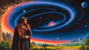 Illustration de Giordano Bruno défiant l'ordre établi avec sa vision de l'infinité cosmique. Image réalisée par IA.