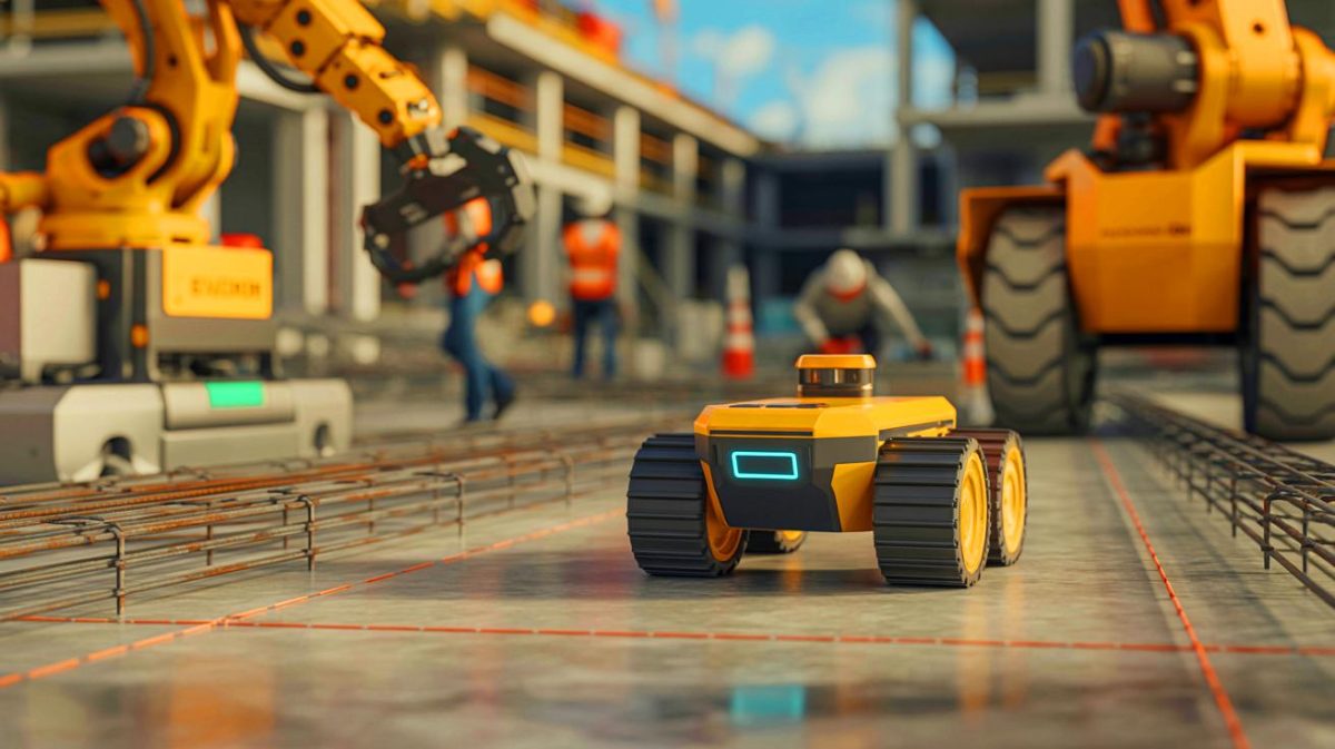 Illustration de l'efficacité du robot géomètre CivDot sur un chantier de construction. Image réalisée par IA.
