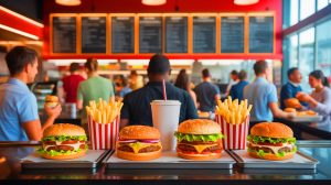Illustration de l'opacité des enseignes de fast-food sur les additifs alimentaires, générée par intelligence artificielle.