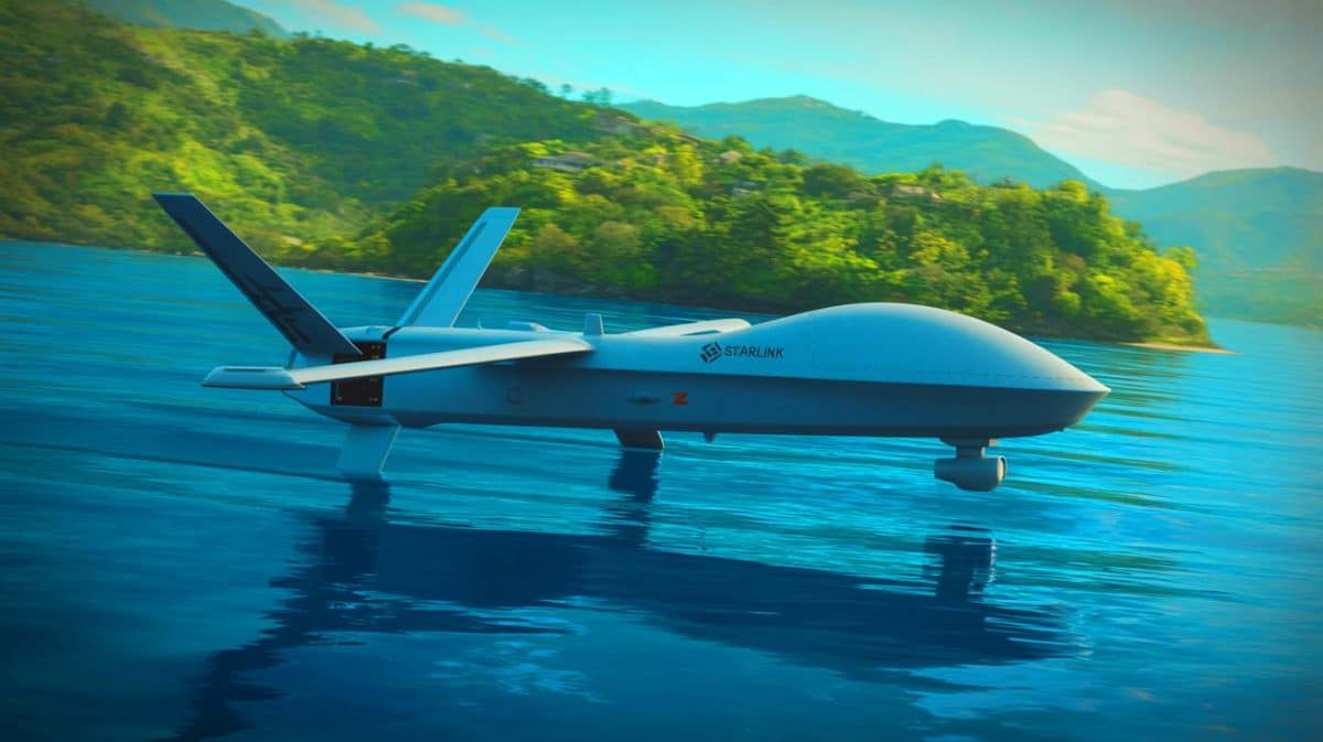 Illustration de l'utilisation de drones navals équipés de la technologie Starlink par les cartels colombiens, générée par intelligence artificielle.