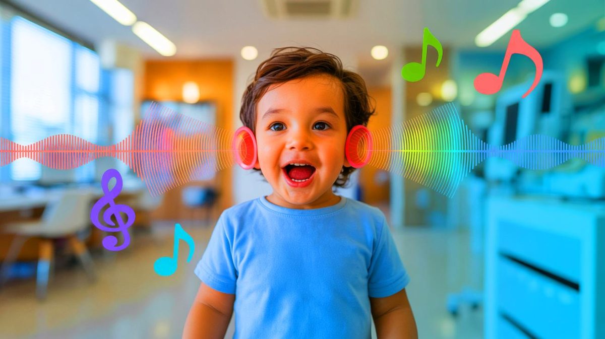 Illustration de la restauration de l'audition chez les enfants grâce à la thérapie génique, générée par intelligence artificielle.