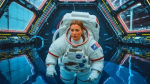 Illustration de l'astronaute Sophie Adenot en entraînement pour sa mission spatiale, générée par intelligence artificielle.