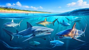 Illustration de requins bouledogues s'attardant sur les plages de Sydney, générée par intelligence artificielle.