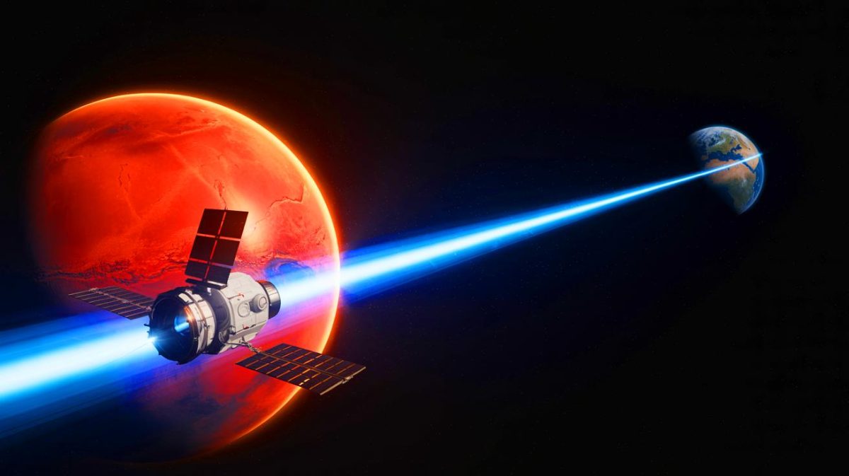 Illustration de la transmission de données par faisceau laser depuis au-delà de Mars, générée par intelligence artificielle.