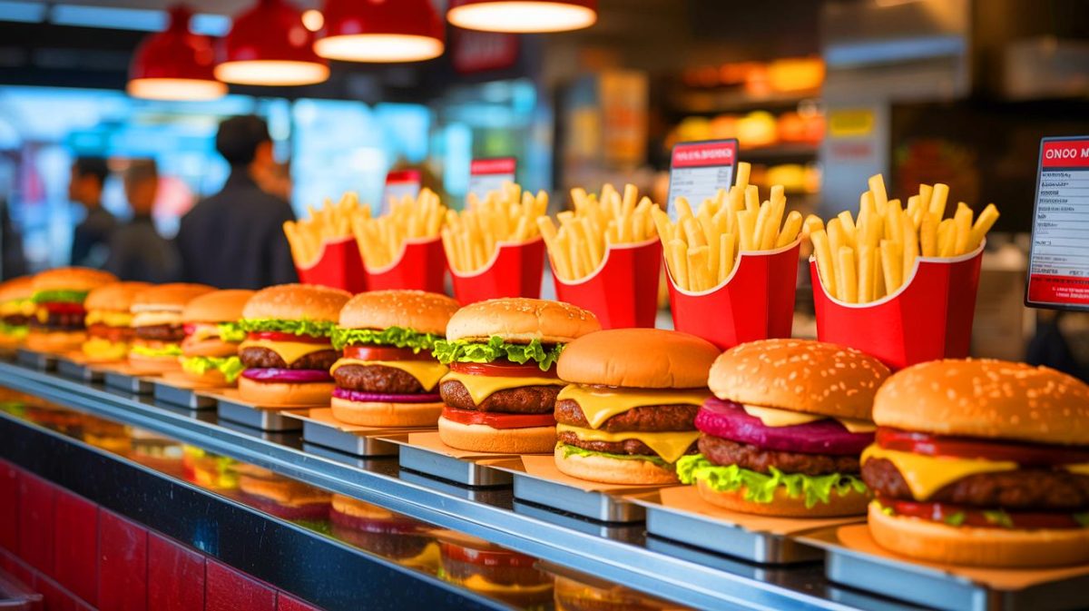 Illustration de la transparence alimentaire dans les fast-foods, créée par intelligence artificielle.