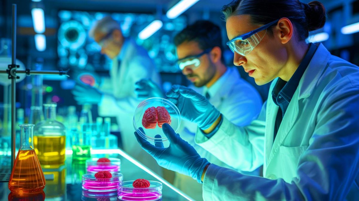 Illustration de mini-cerveaux en laboratoire, créée par intelligence artificielle.
