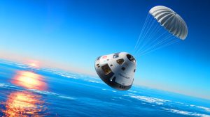 Illustration de la capsule Crew Dragon transportant les premiers astronautes indien, polonais et hongrois de retour sur Terre, générée par intelligence artificielle.