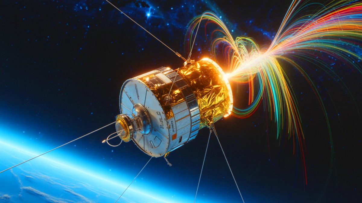 Illustration de l'émission inattendue d'un signal radio par le satellite Relay 2, générée par intelligence artificielle.