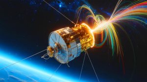 Illustration de l'émission inattendue d'un signal radio par le satellite Relay 2, générée par intelligence artificielle.