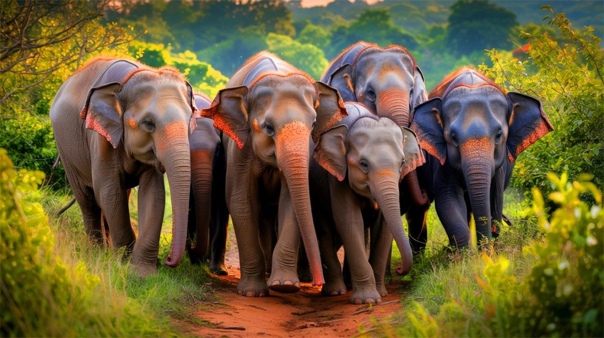 Illustration de six éléphanteaux orphelins relâchés dans le parc national d'Udawalawe, créée par intelligence artificielle.