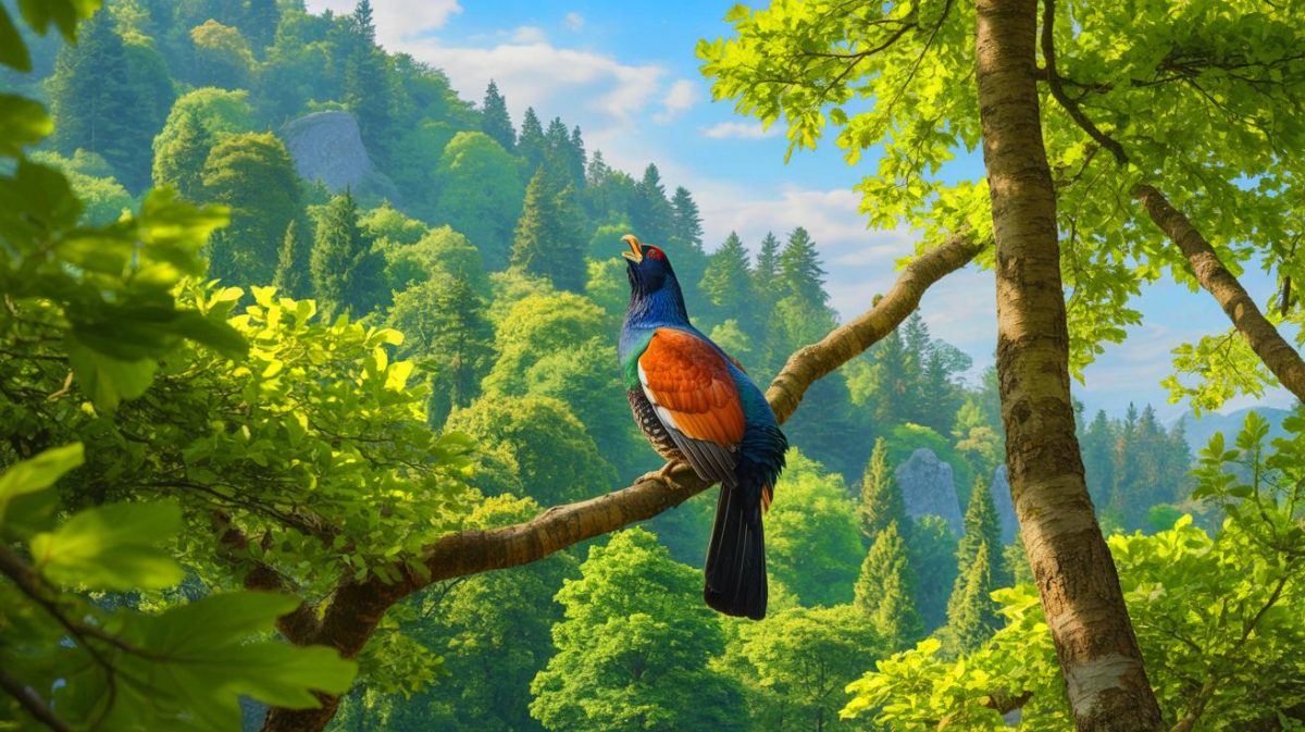 Illustration de la réintroduction contestée du grand tétras dans les Vosges, générée par intelligence artificielle.