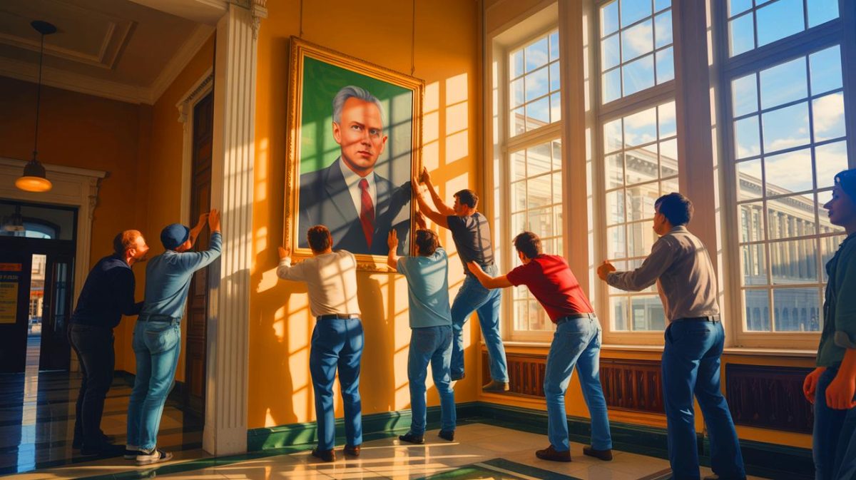 Illustration de militants décrochant un portrait d'Emmanuel Macron pour protester contre l'inaction climatique. Image réalisée par IA.