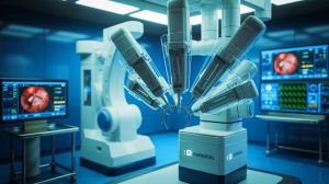 Illustration de la chirurgie autonome réalisée par un robot, créée par intelligence artificielle.