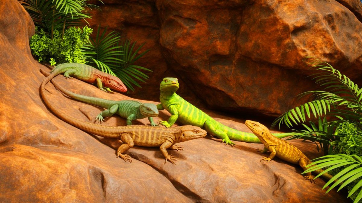 Illustration de lézards nocturnes Xantusiidae survivant près du site de l'impact de Chicxulub. Image réalisée par IA.