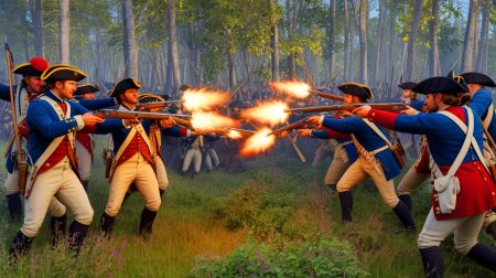 Illustration de l'incident de tir ami de 1758 sous le commandement de George Washington, générée par intelligence artificielle.