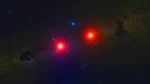 Illustration de deux novas illuminant le ciel nocturne, créée par intelligence artificielle.