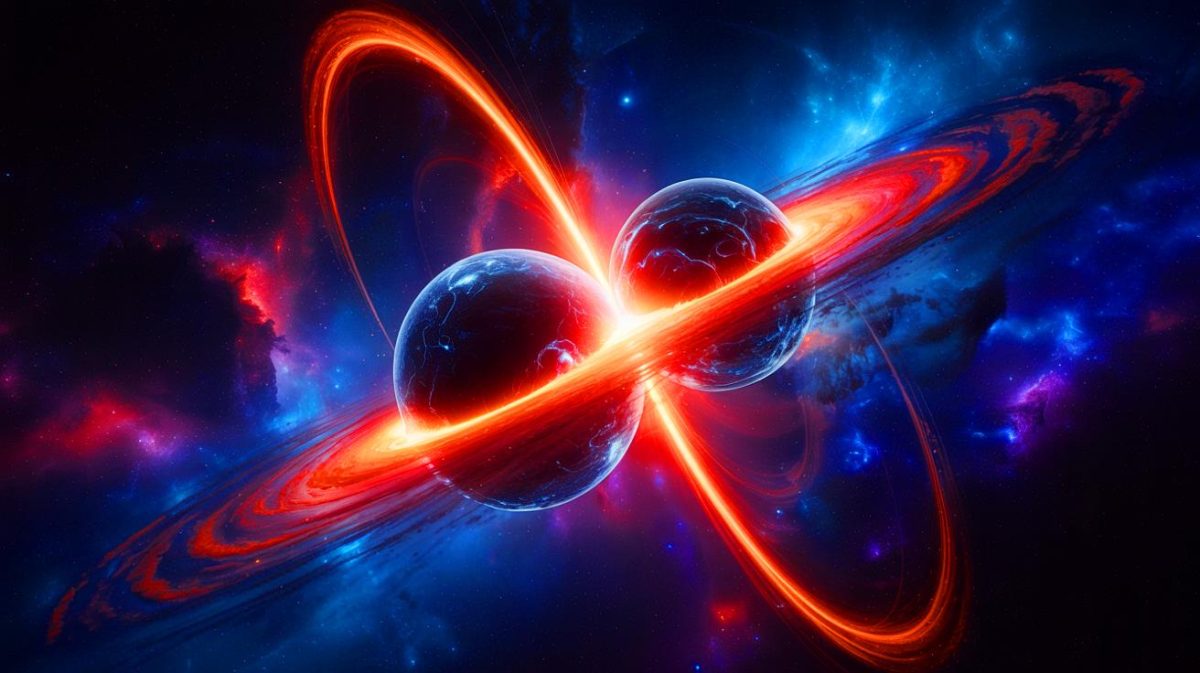 Illustration de la fusion spectaculaire de deux trous noirs, générée par intelligence artificielle.