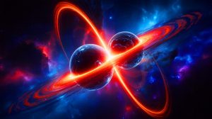 Illustration de la fusion spectaculaire de deux trous noirs, générée par intelligence artificielle.