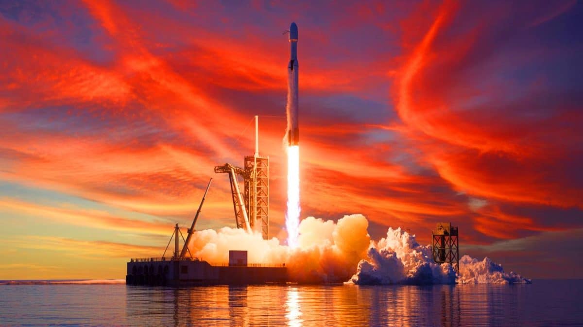 Illustration de l'exploit du propulseur B1067 de SpaceX atteignant un record de réutilisation. Image réalisée par IA.
