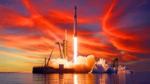 Illustration de l'exploit du propulseur B1067 de SpaceX atteignant un record de réutilisation. Image réalisée par IA.