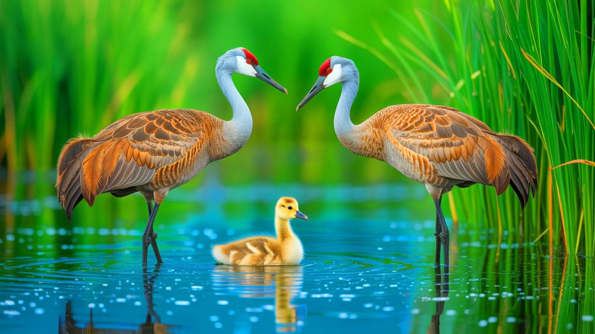 Illustration de deux grues du Canada adoptant un oison bernache du Canada dans un étang du Wisconsin. Image réalisée par IA.
