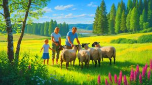 Illustration de la famille Stenberg s'occupant des moutons dans le parc national d'Isojarvi, créée par intelligence artificielle.