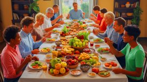 Illustration de l'influence des classes sociales sur les choix alimentaires, créée par intelligence artificielle.