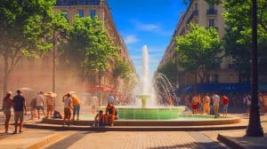 Illustration de la canicule en France avec des températures extrêmes et leurs impacts sur la population. Image réalisée par IA.