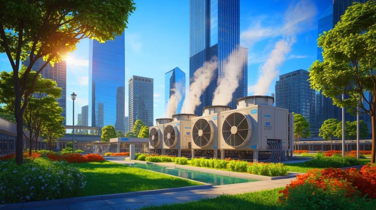 Illustration de la centrale de froid de La Défense en pleine activité lors d'une canicule. Image réalisée par IA.