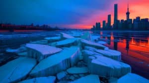 Illustration de bouchons de glace sur le fleuve Jaune menaçant les villes côtières chinoises. Image réalisée par IA.