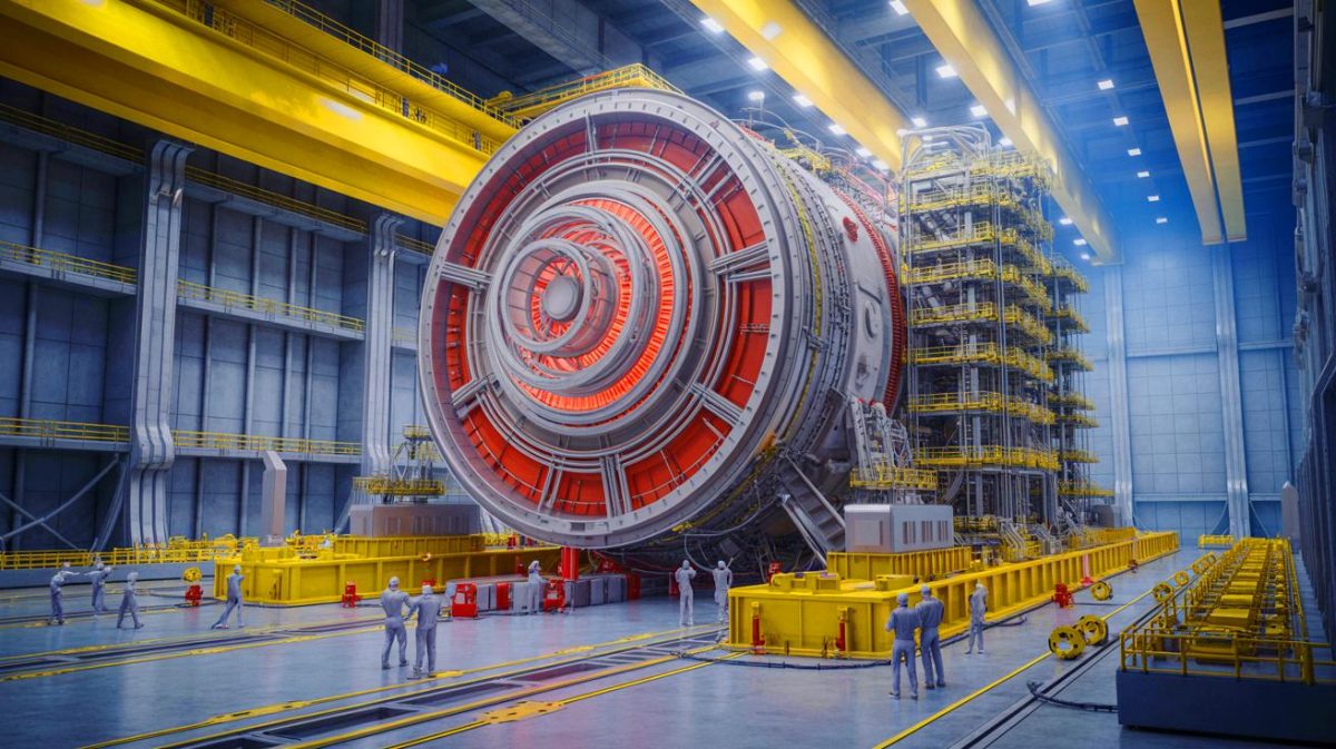 Illustration de l'avancée décisive du projet ITER avec la livraison d'un composant crucial par la Chine, générée par intelligence artificielle.