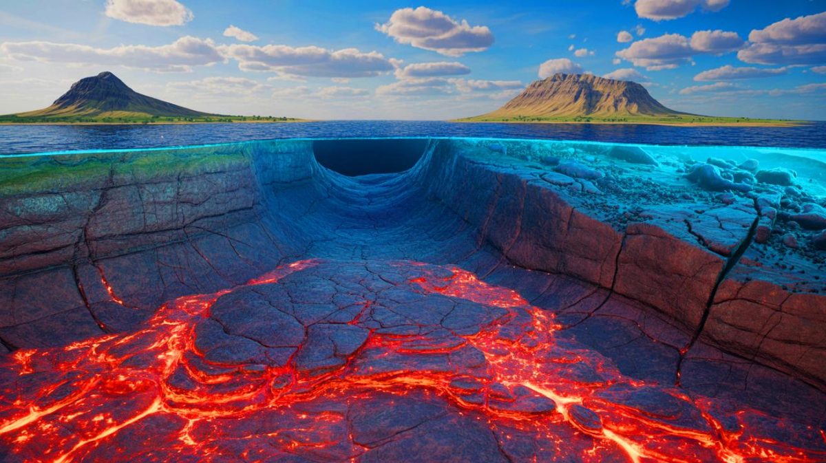 Illustration de la subduction des plaques océaniques et du recyclage du carbone marin dans le manteau terrestre. Image réalisée par IA.