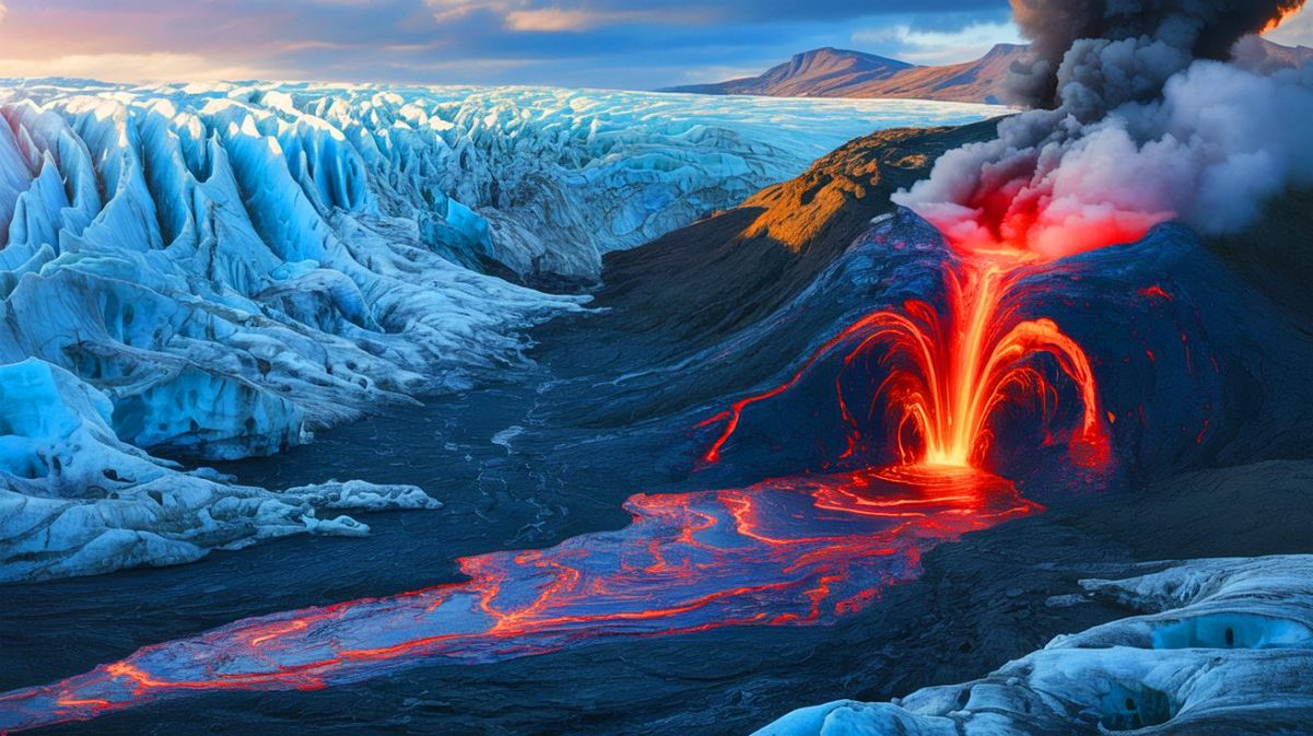Illustration de l'interaction entre la fonte des glaces et l'activité volcanique, générée par intelligence artificielle.