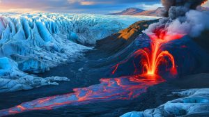 Illustration de l'interaction entre la fonte des glaces et l'activité volcanique, générée par intelligence artificielle.