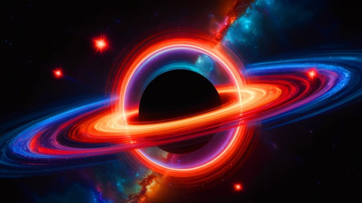 Illustration de trous noirs et de l'unification possible entre la relativité générale et la mécanique quantique, générée par intelligence artificielle.