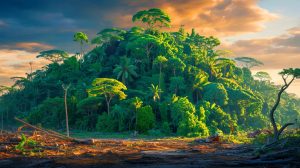 Illustration de la disparition des forêts tropicales et son impact sur le climat, générée par intelligence artificielle.