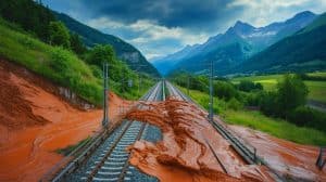 Illustration de la ligne ferroviaire Paris-Milan coupée par une coulée de boue dans les Alpes françaises. Image réalisée par IA.