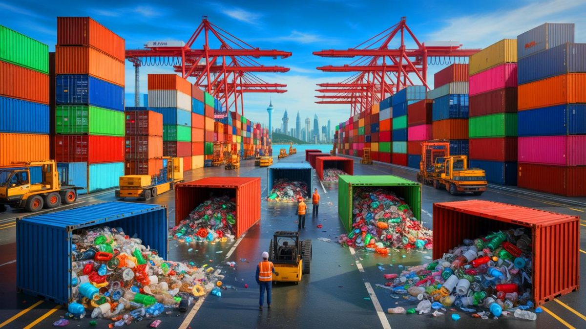 Illustration de conteneurs remplis de déchets plastiques à proximité de Kuala Lumpur. Image réalisée par IA.