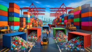Illustration de conteneurs remplis de déchets plastiques à proximité de Kuala Lumpur. Image réalisée par IA.