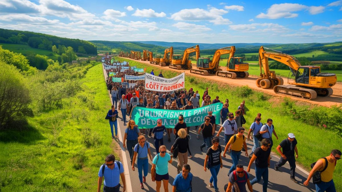 La mobilisation s’intensifie : ce quatrième week-end de protestation contre l’A69 dans le Tarn révèle un mouvement de contestation inédit et déterminé Illustration de la mobilisation contre l'autoroute A69 dans le Tarn. Image réalisée par IA.