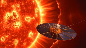 Illustration de la sonde Parker Solar Probe s'approchant du Soleil, générée par intelligence artificielle.