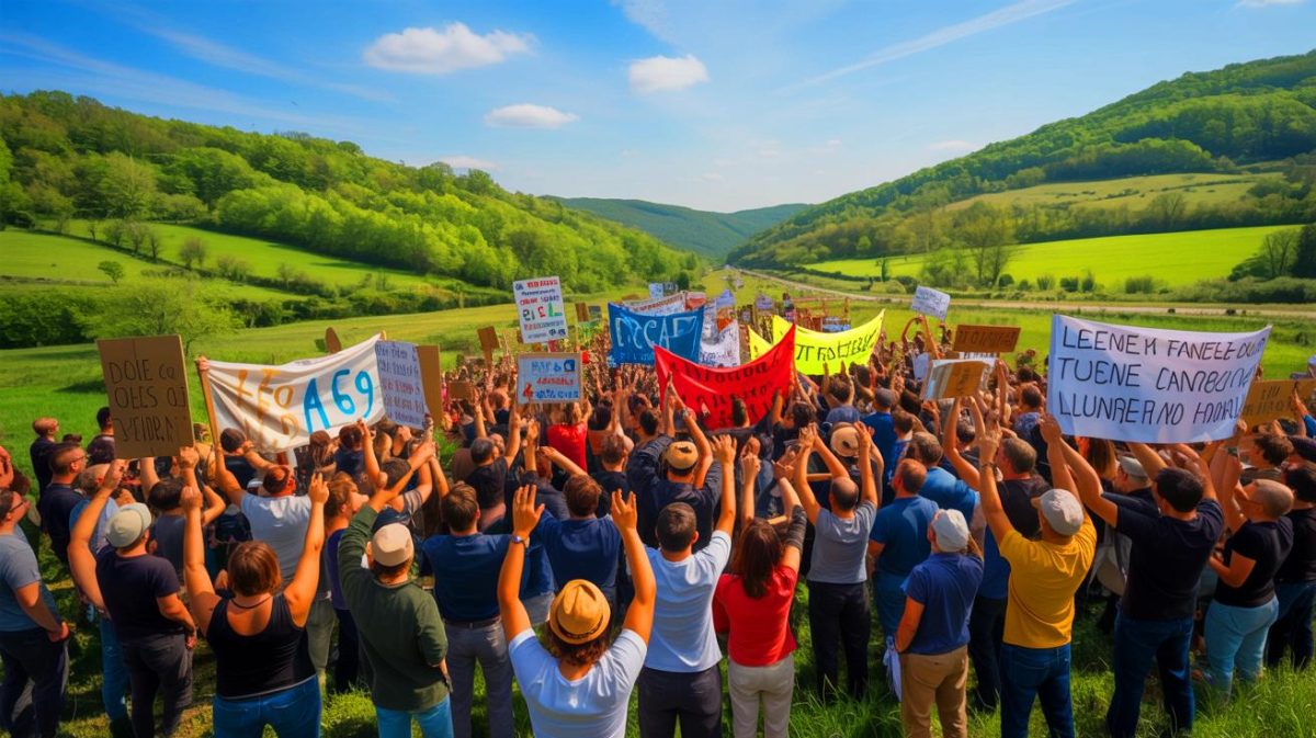 Illustration de la mobilisation contre l'autoroute A69 dans le Tarn. Image réalisée par IA.