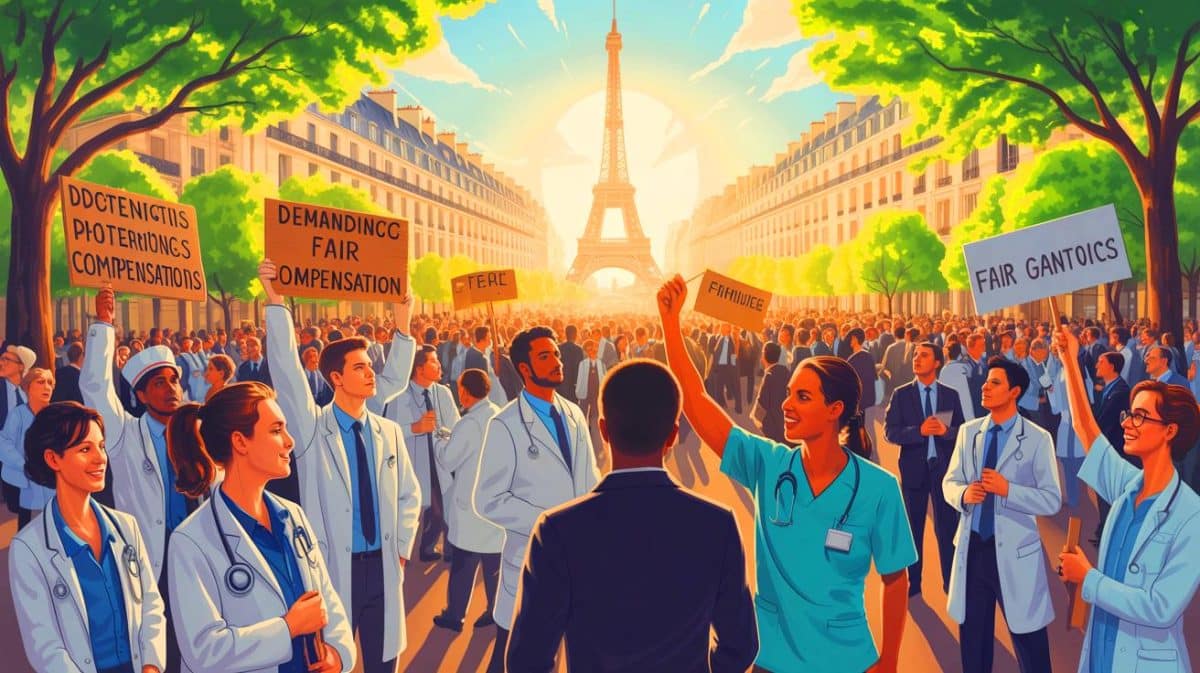Illustration de soignants libéraux manifestant à Paris pour des honoraires décents. Image réalisée par IA.