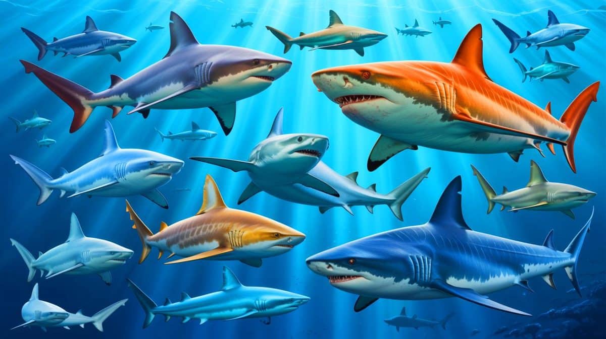 Illustration de requins modélisés en 3D pour étudier leur anatomie selon la loi des deux tiers. Image réalisée par IA.