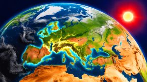 Illustration de la formation du supercontinent Pangée Ultima et de la position stratégique de la France. Image réalisée par IA.
