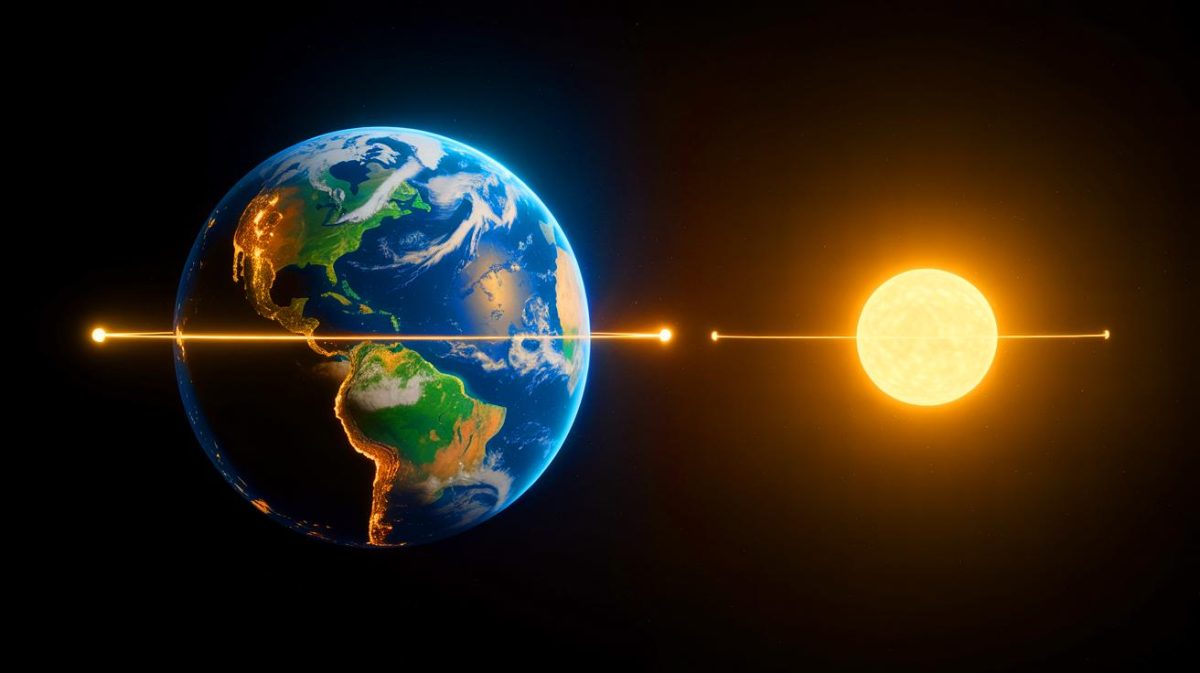 Illustration de la Terre à l'aphélie, point le plus éloigné du Soleil durant l'été dans l'hémisphère nord. Image réalisée par IA.