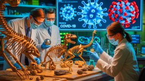 Illustration de l'enquête sur les origines du Covid-19 et des découvertes paléontologiques, générée par intelligence artificielle.